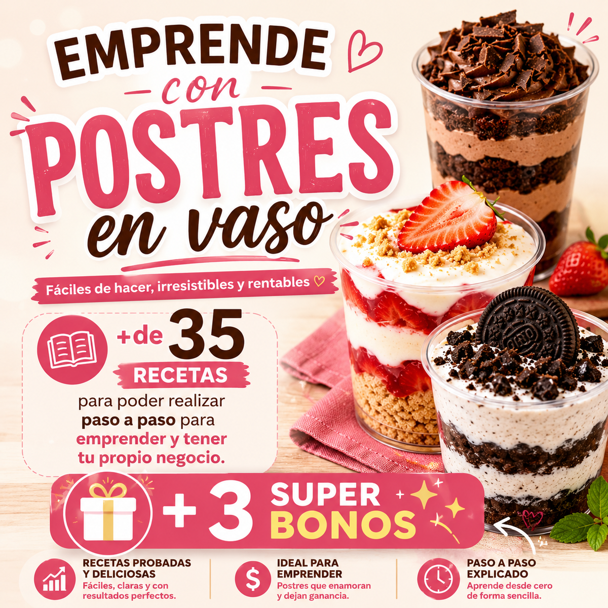 Emprende con Postres en Vaso+3 bonos: Gana +$800.000 al mes